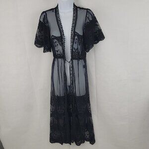 BLASHE Womens Long Cardigan Sz SMALL Sheer Lace Witchy Goth Kimono Swim Cover Up